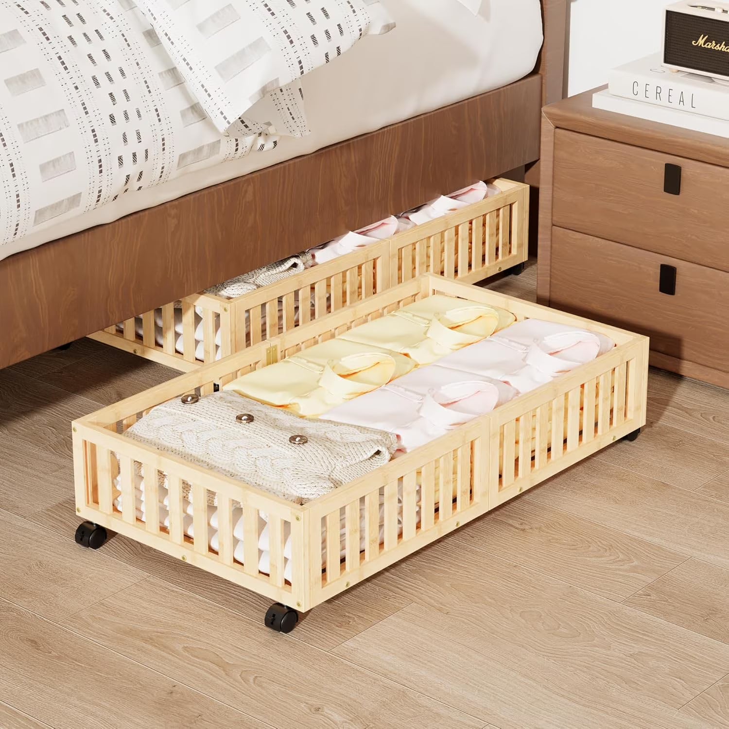 Bamboo Under Bed Storage with Wheels (2-Pack) Rolling Shoe Organizer Box S3944