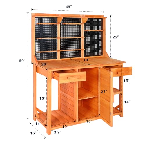 Wooden Potting Bench with Storage Drawer, Cabinet, Metal Pegboard, Adjustable Hooks and Shelves R807071