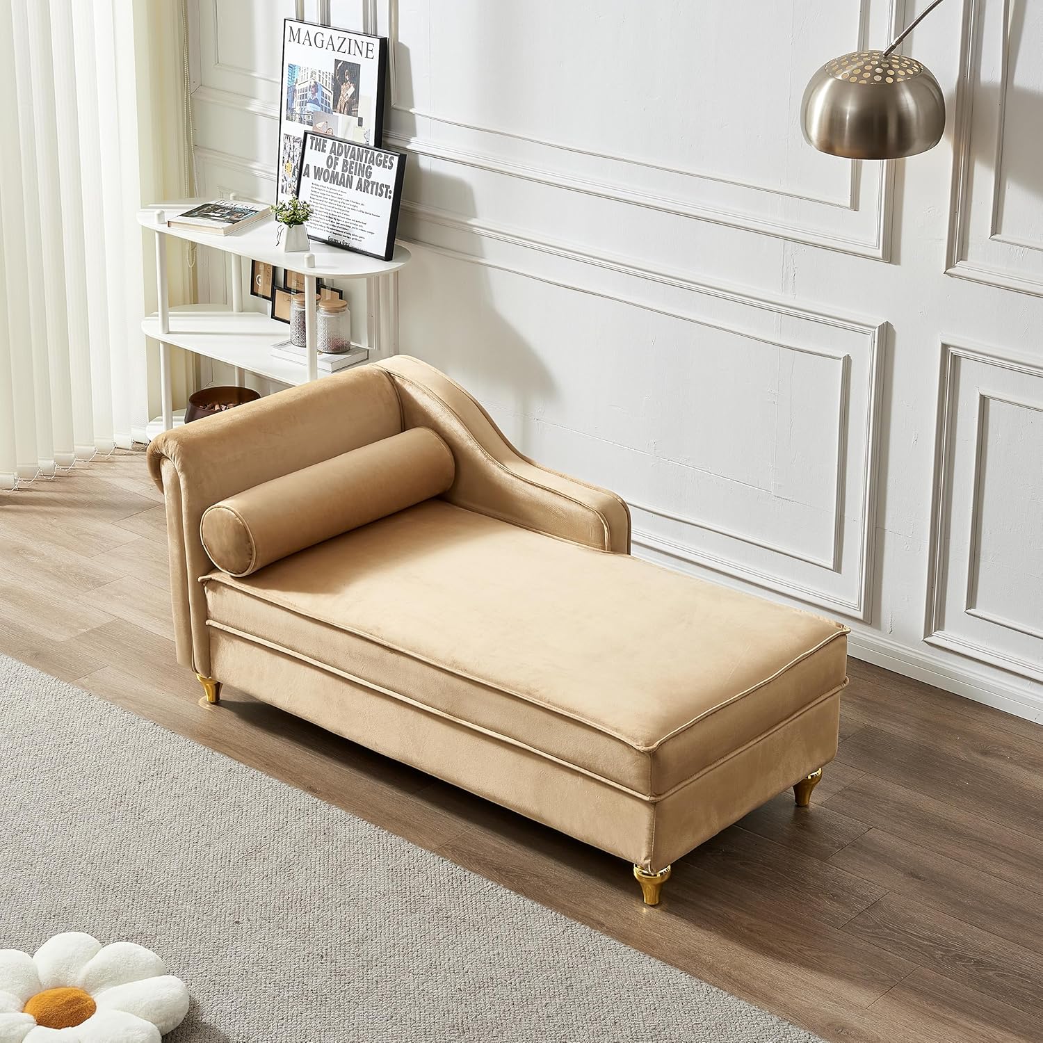 Khaki Velvet Upholstery Chaise Lounge Chair with Storage Z25268