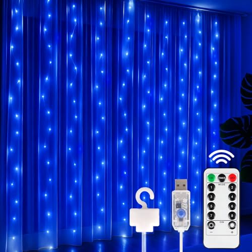 300 LED Fairy Curtain Lights, 9.8ft x 9.8ft Battery Operated Blue String Hanging Lights U57100