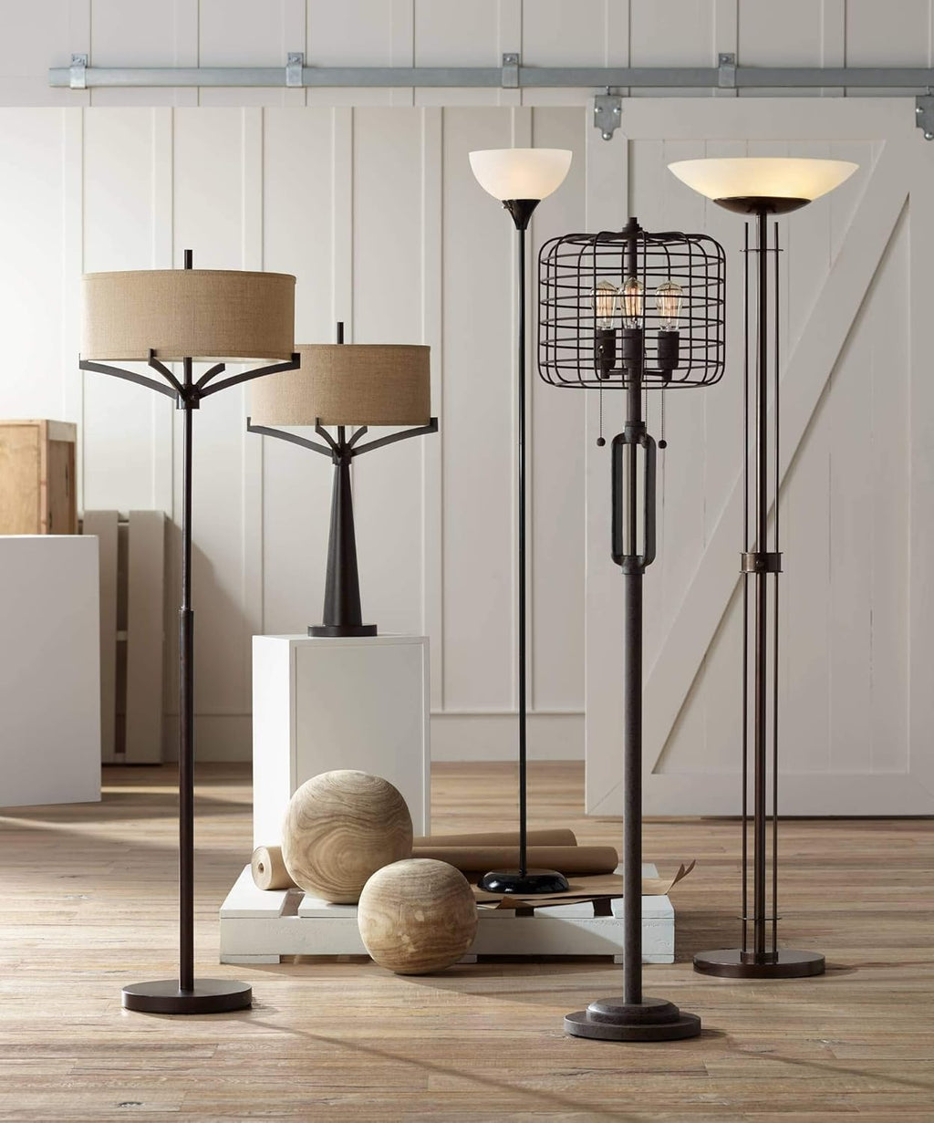 Deep Bronze Metal Floor Lamp with Tan Burlap Drum Shade J32703