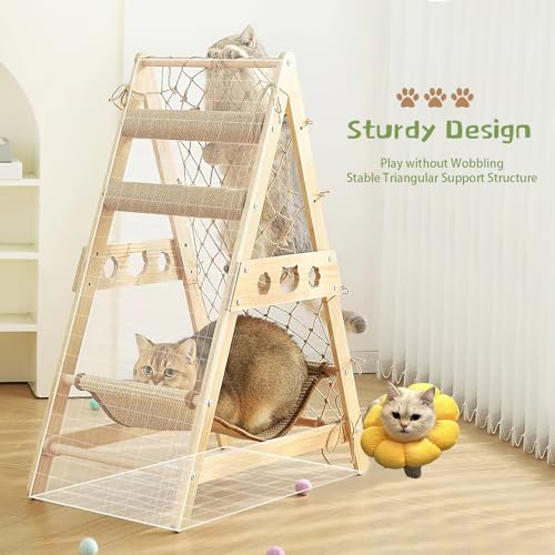 Cat Tower with Hammock Sisal Ball Solid Wood Cat Tree H6283