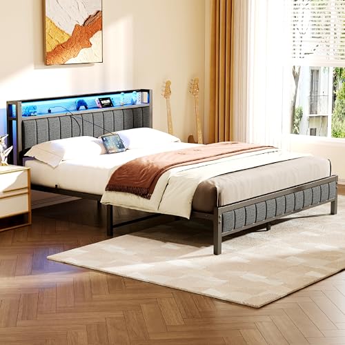 Gray Queen Size Metal Platform Bed Frame with Storage Headboard J362