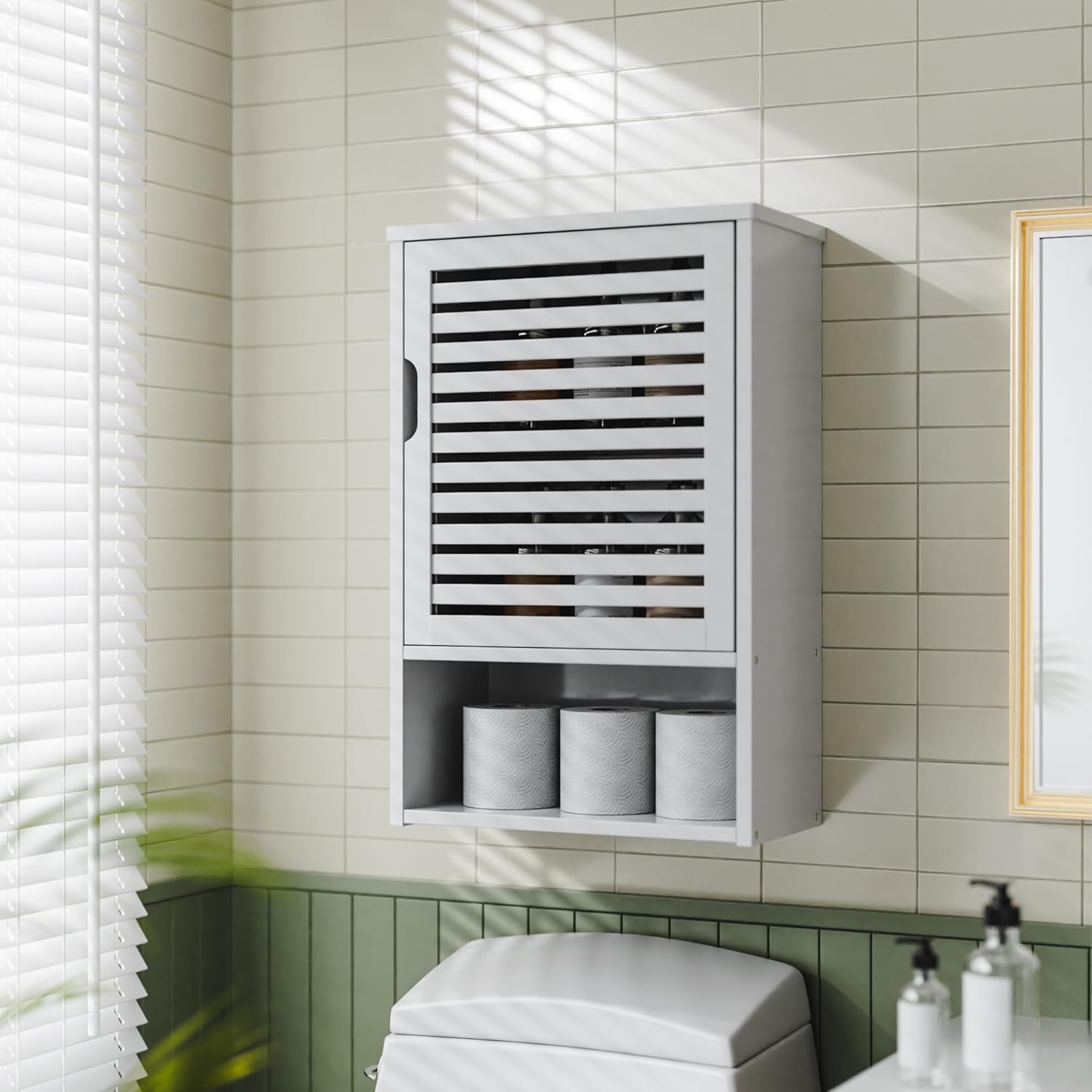 White Freestanding Bamboo Floor Cabinet with Adjustable Shelves and 4 Hooks K869243
