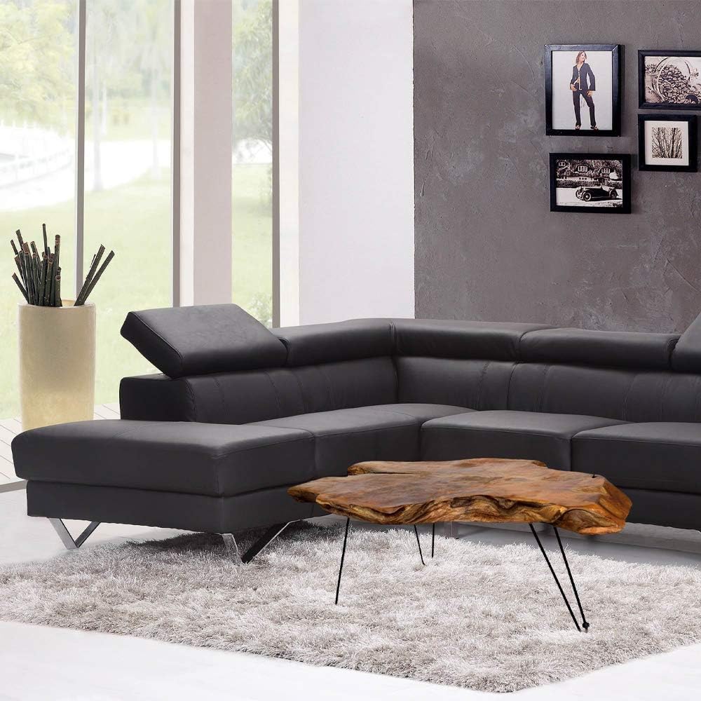 Natural Wood Edge Teak Coffee Table with Clear Lacquer Finish and Metal Hairpin Legs D502538