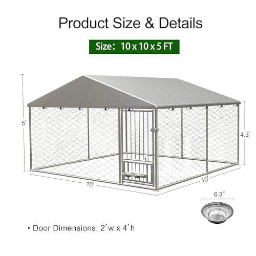 Large Outdoor Galvanized Steel Dog Kennel with Cover, 90" L x 90" W x 65" H O569