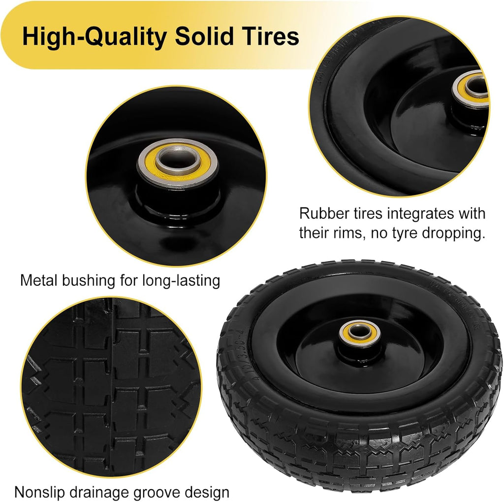 2 Pack 10" Flat Free Solid Rubber Tire and Wheel O22785
