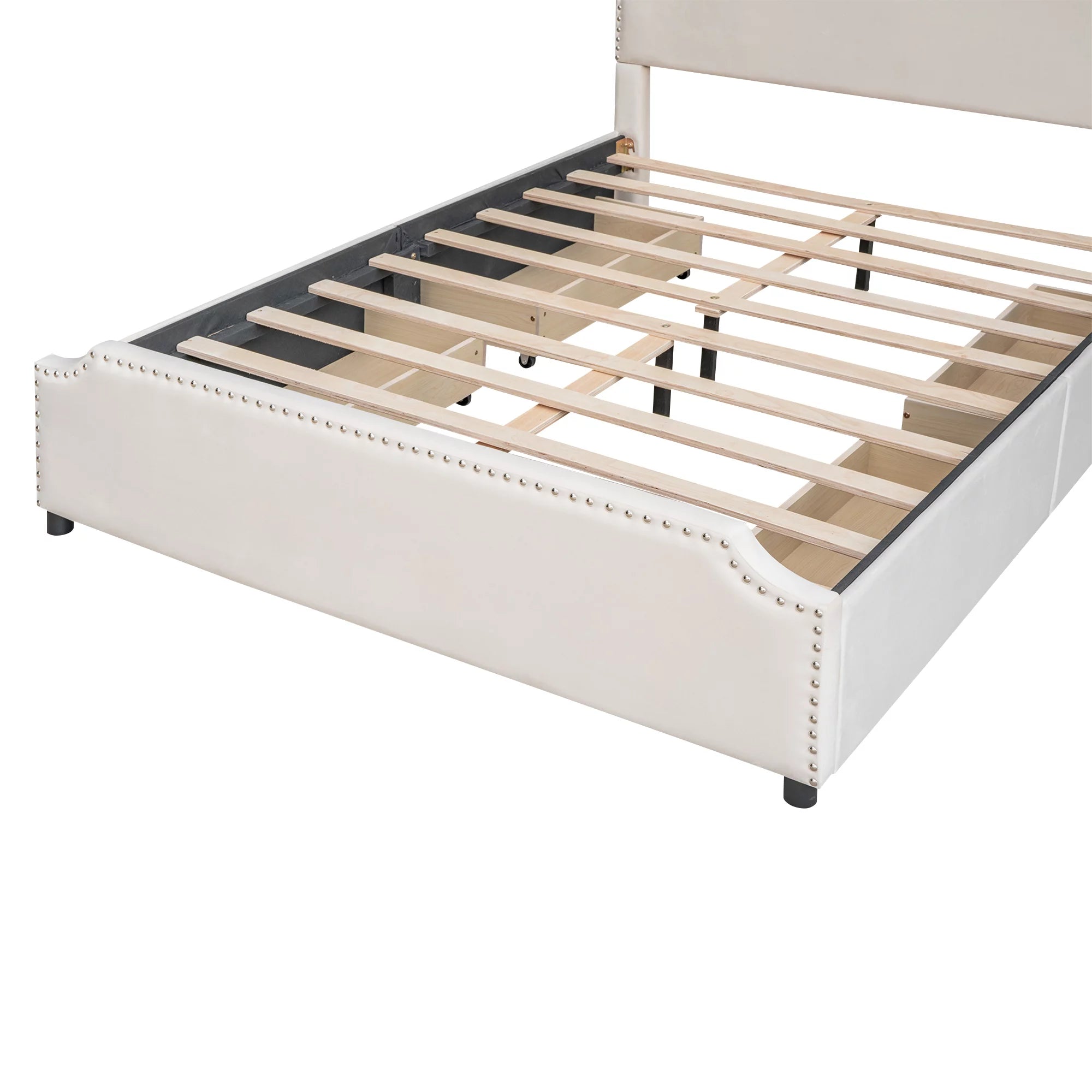 Beige Velvet Queen Size Bed with 4 Storage Drawers K452175