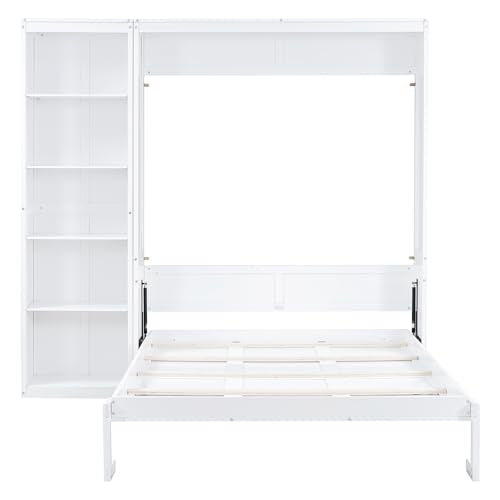 White Queen Size Murphy Bed with Storage Shelves A2364