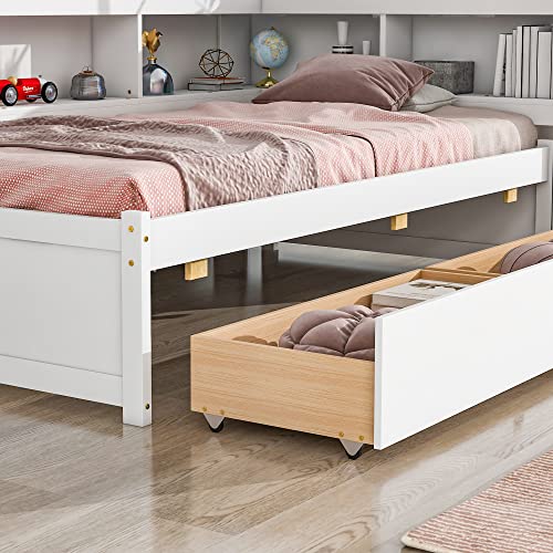 Grey Full Size Wooden Platform Bed with Two Storage Drawers and L-Shaped Bookcase F3796