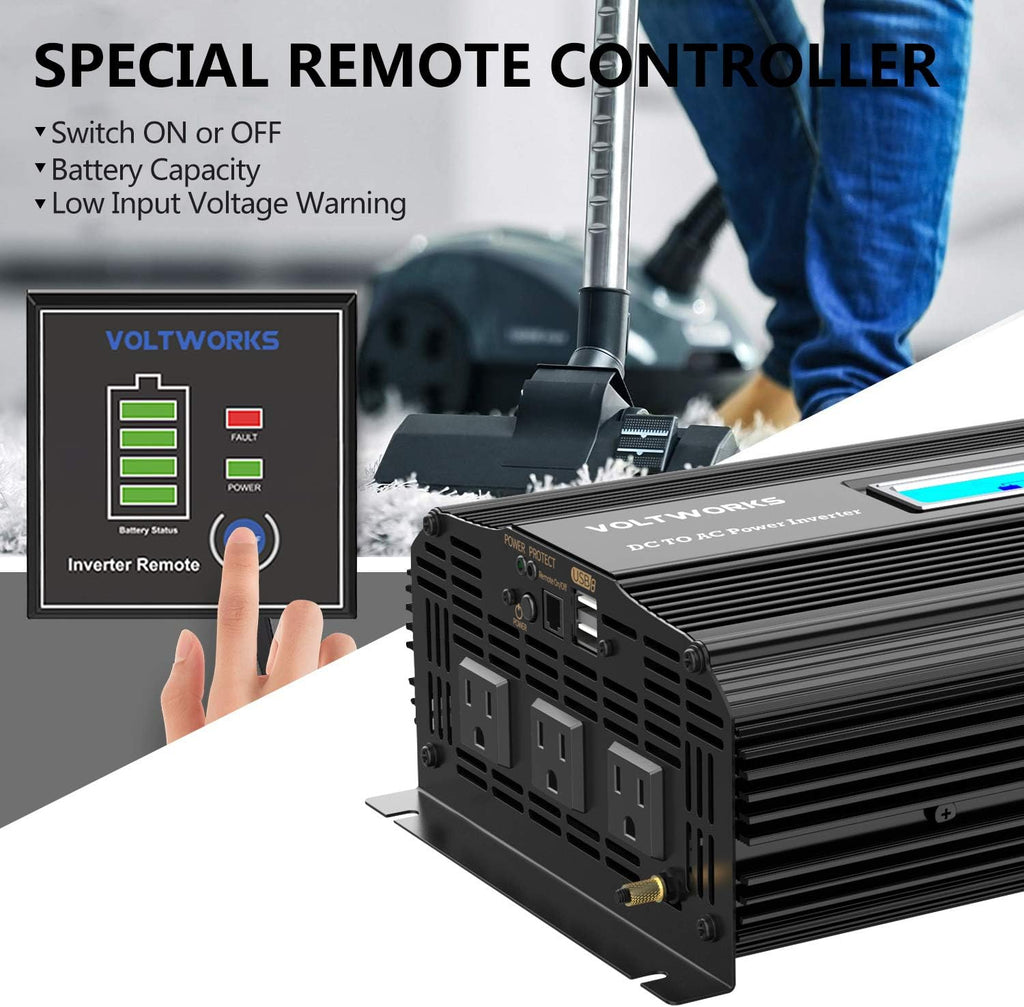 2000w DC 12V to AC 120V Modified Sine Wave Inverter with LCD Display Remote Control and 3AC Outlets Dual 2.4A USB Ports X4782