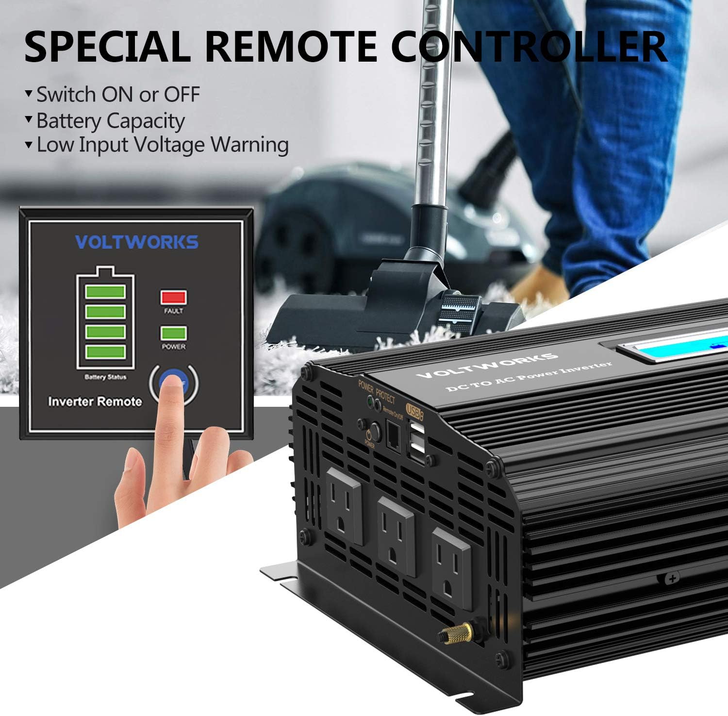 2000w DC 12V to AC 120V Modified Sine Wave Inverter with LCD Display Remote Control and 3AC Outlets Dual 2.4A USB Ports X4782