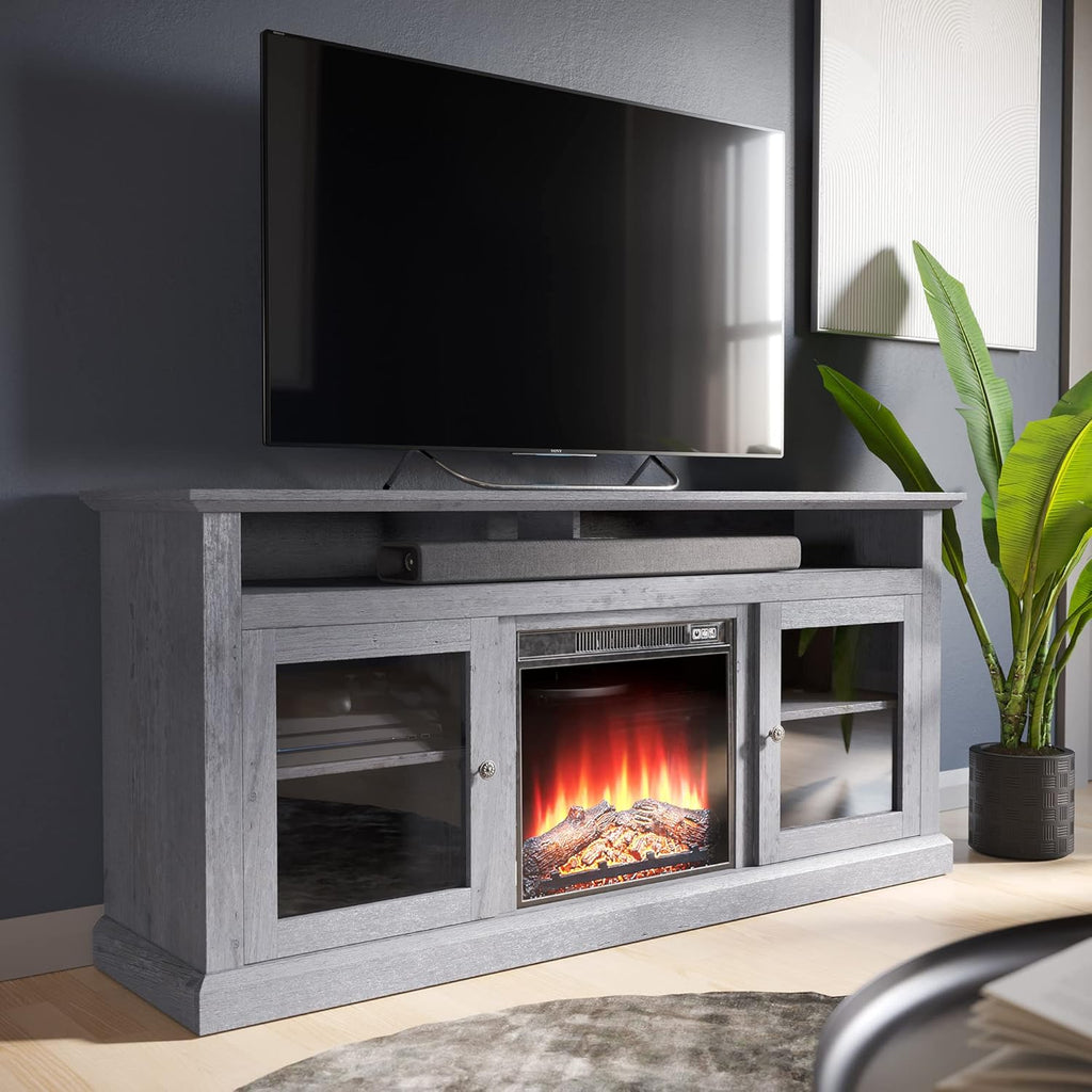 Gray Wash Electric Fireplace TV Stand with Open Storage Shelves & Cabinets H67177