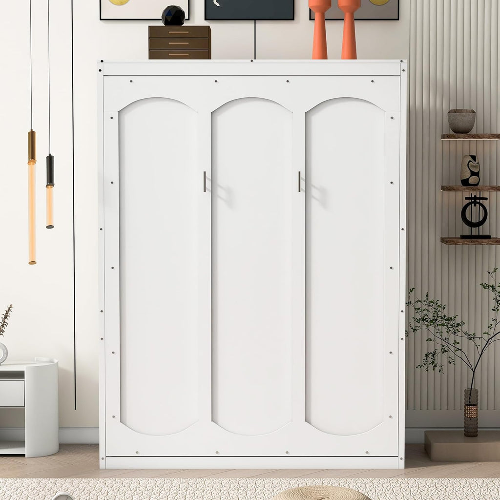 White Full Size Murphy Frame with Cabinet Drawers and Storage Shelves O3218