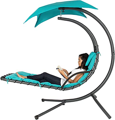Teal Curved Steel Chaise Lounge Chair Swing with Built-in Pillow and Removable Canopy O470307