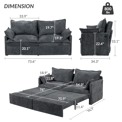 Queen Size Corduroy Convertible Sofa Bed with Storage Pockets T68360