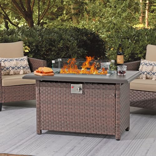 43 Inch Wicker Propane Fire Pit Table with Aluminum Tabletop, Taupe Rattan O7562