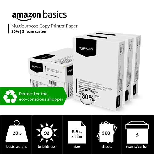 30% Recycled Multipurpose Copy Printer Paper - 8.5 x 11 Inches, 1 Ream, 500 Count, White I320059