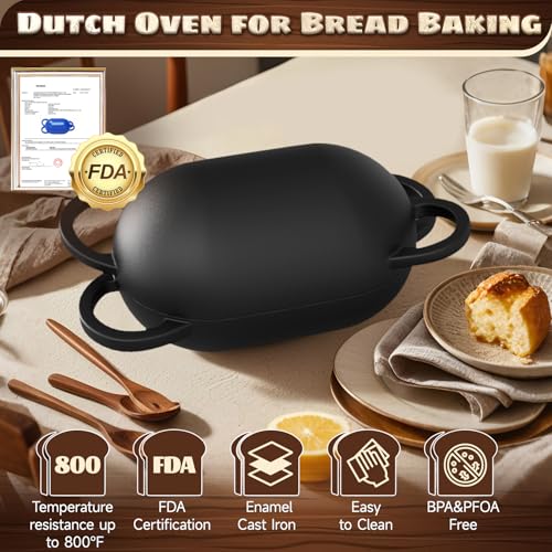 Enameled Cast Iron Oval Bread Oven with Non-Stick Silicone Liner, 2QT, Black L829412