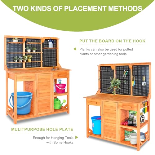 Wooden Potting Bench with Storage Drawer, Cabinet, Metal Pegboard, Adjustable Hooks and Shelves R807071