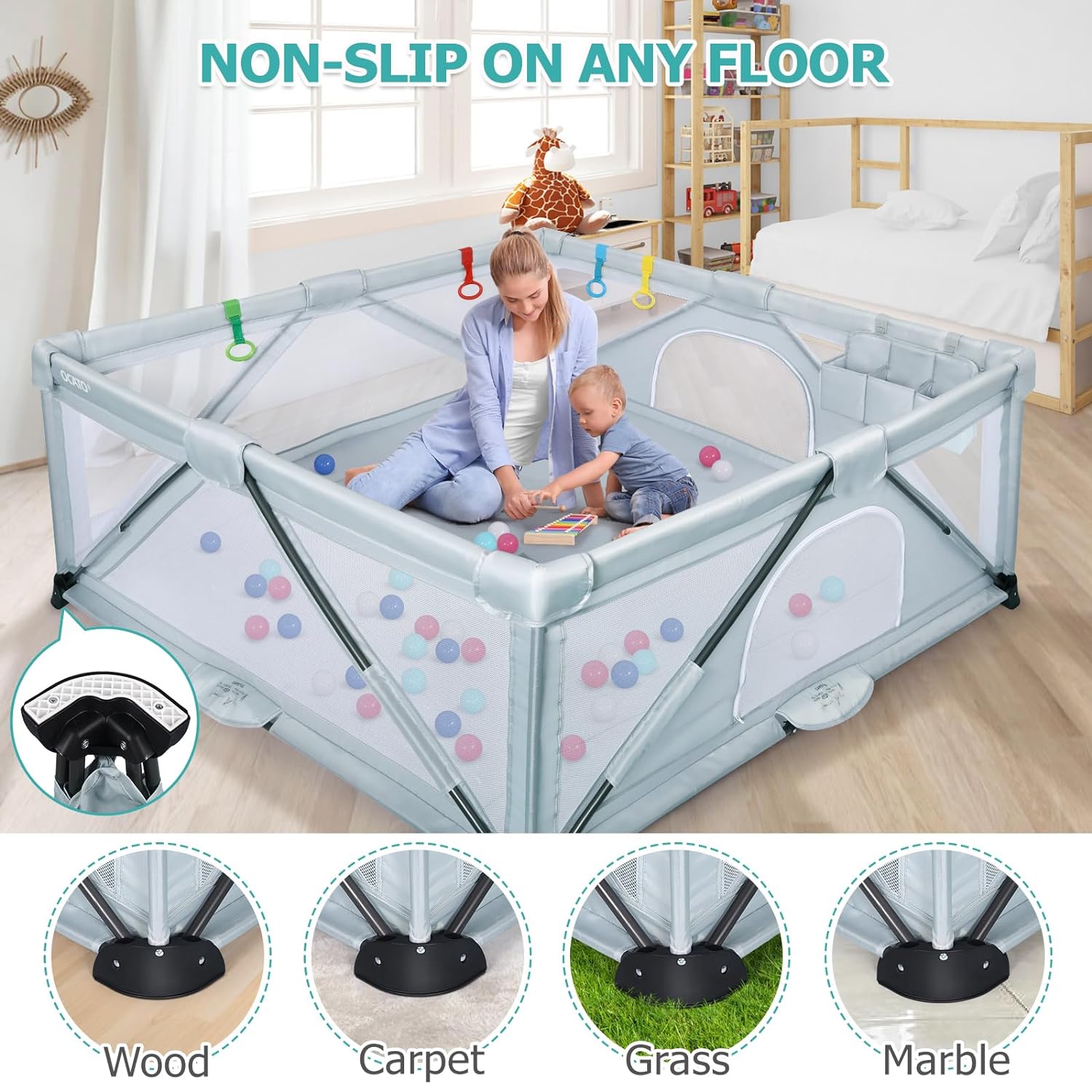 Foldable Large Play Pen with 2 Storage Bags 4 Handlers 50 Balls (71" × 59") C608246