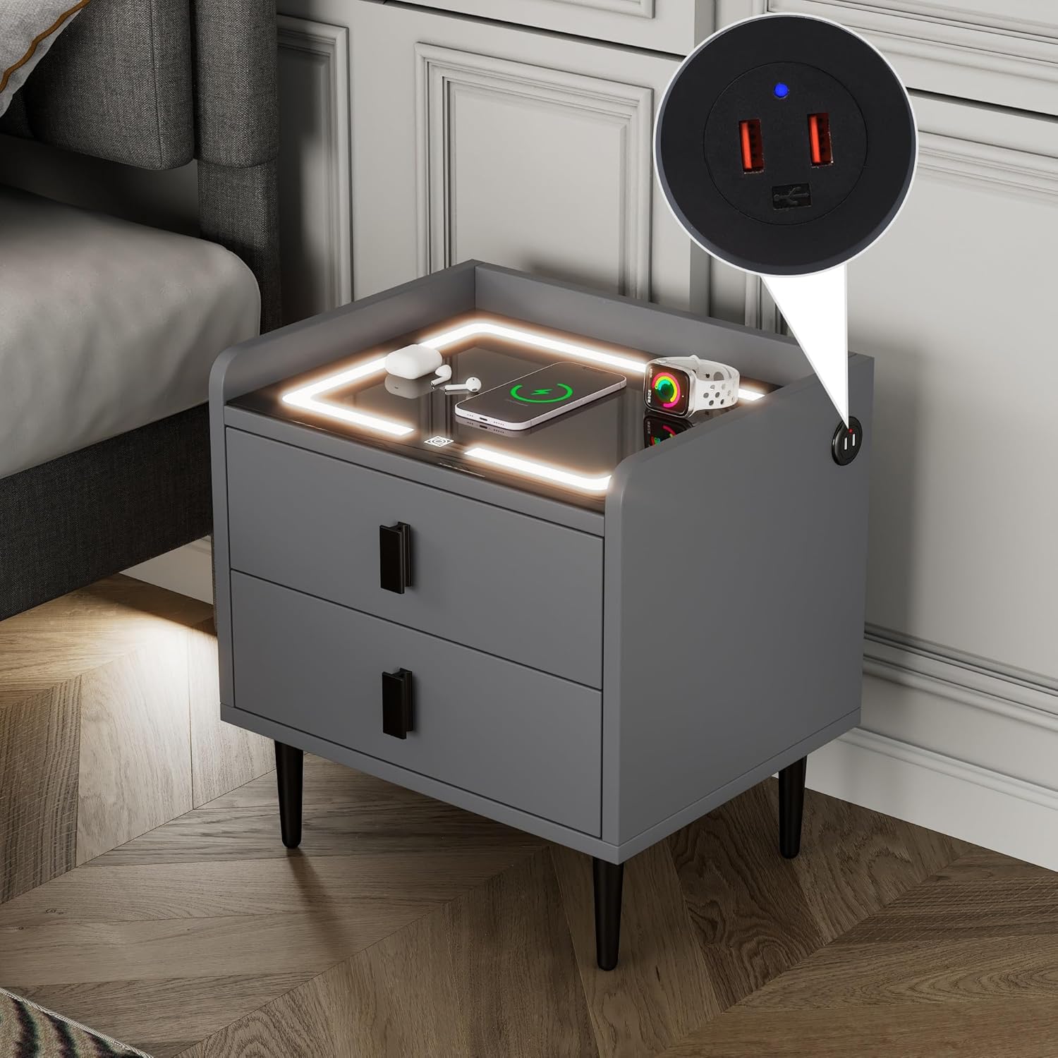 1 Pack Nightstand with Wireless Charging Station and LED Lights Grey W79740