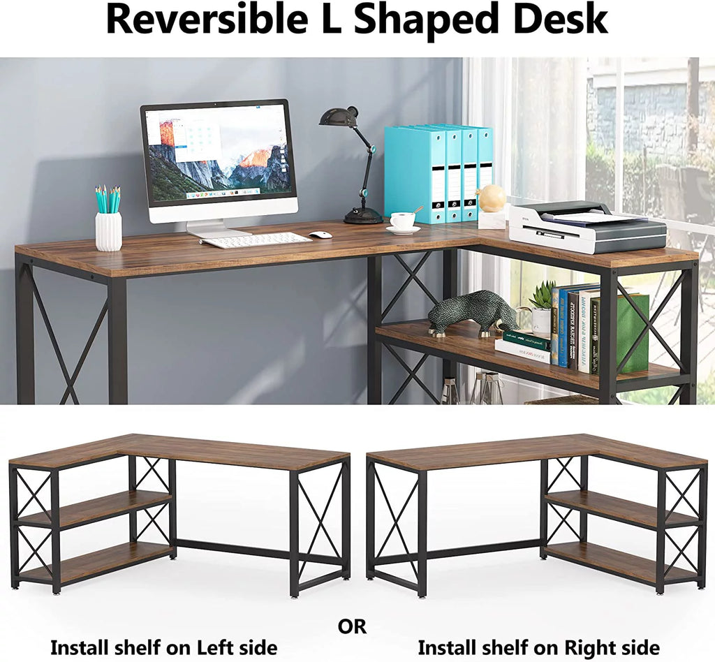 Reversible Industrial L-Shaped Desk with Storage Shelves, Corner Computer Desk (Brown, 59") J136747