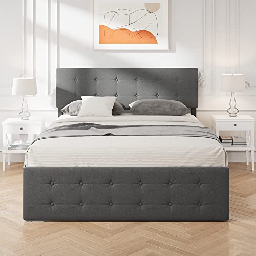 Grey Queen Size Upholstered Platform Bed Frame with 4 Storage Drawers P49629