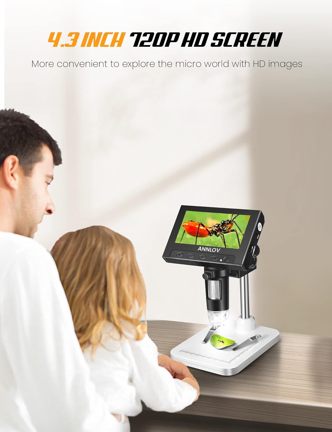 4.3" LCD Digital Microscope, 50X-1000X Magnification, 8 Adjustable LED Lights, 32GB TF Card Included E280