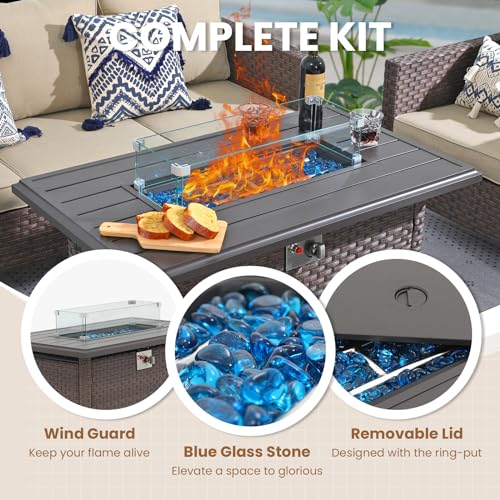 43 Inch Wicker Propane Fire Pit Table with Aluminum Tabletop, Taupe Rattan O7562