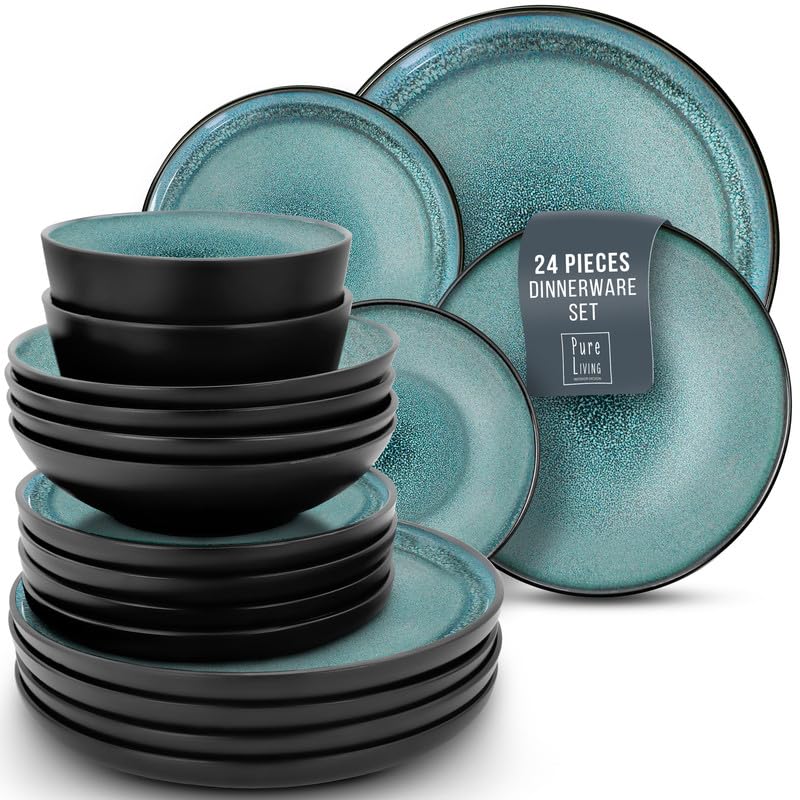 24 Piece Stoneware Dinnerware Set for 8, Beige Light Blue T757879