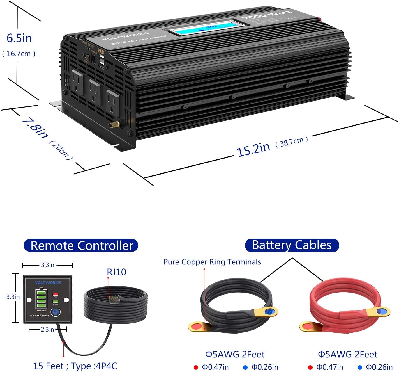 2000w DC 12V to AC 120V Modified Sine Wave Inverter with LCD Display Remote Control and 3AC Outlets Dual 2.4A USB Ports X4782