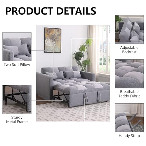 Brown Teddy Fabric Pull Out Sleeper Sofa with Adjustable Backrest and Pillows G628159