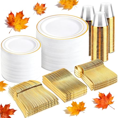 300PCS Gold Disposable Dinnerware Set - White and Gold Plastic Plates X40148