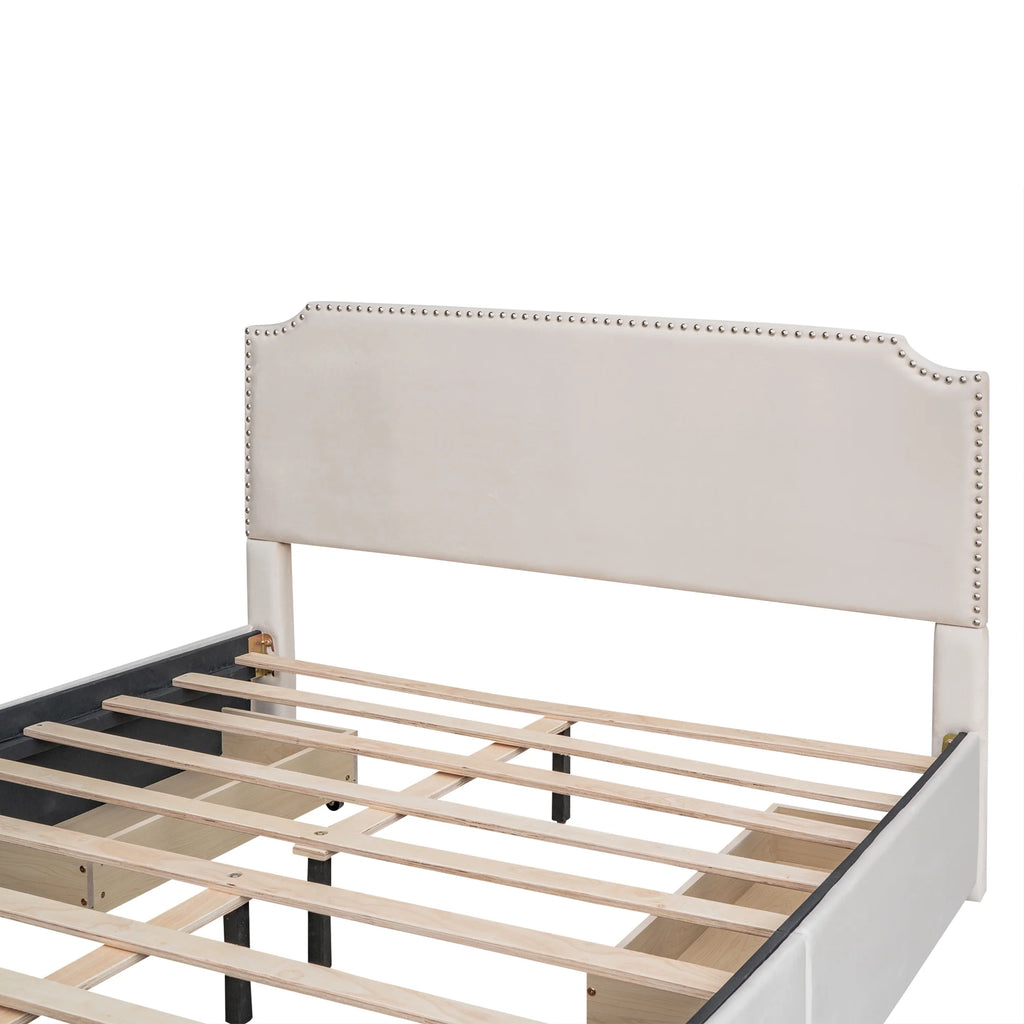 Beige Velvet Queen Size Bed with 4 Storage Drawers K452175