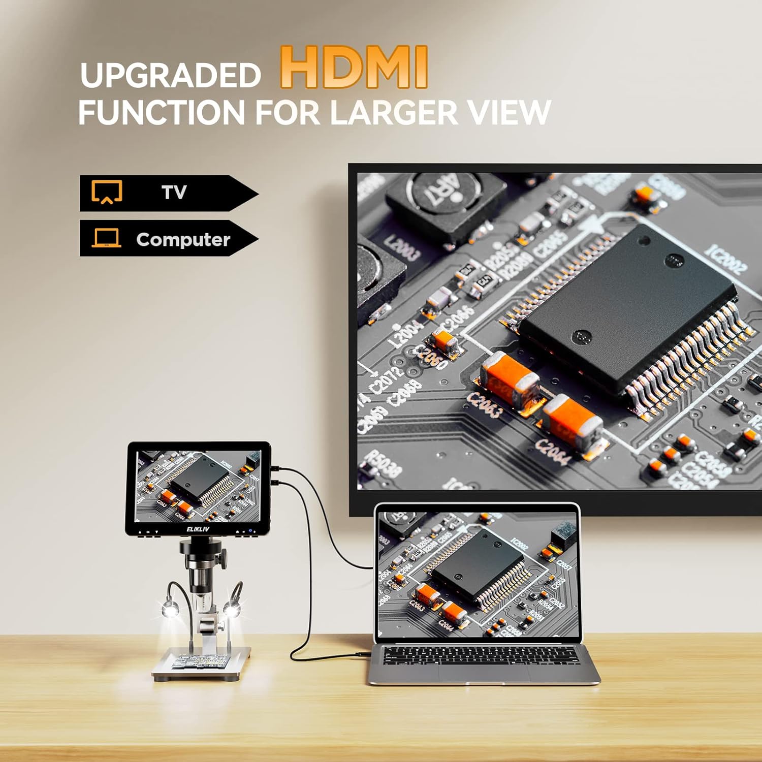 7" HDMI Digital Microscope, 1200X, 1080P, 16MP, IPS Screen, 10 LED Lights I56013