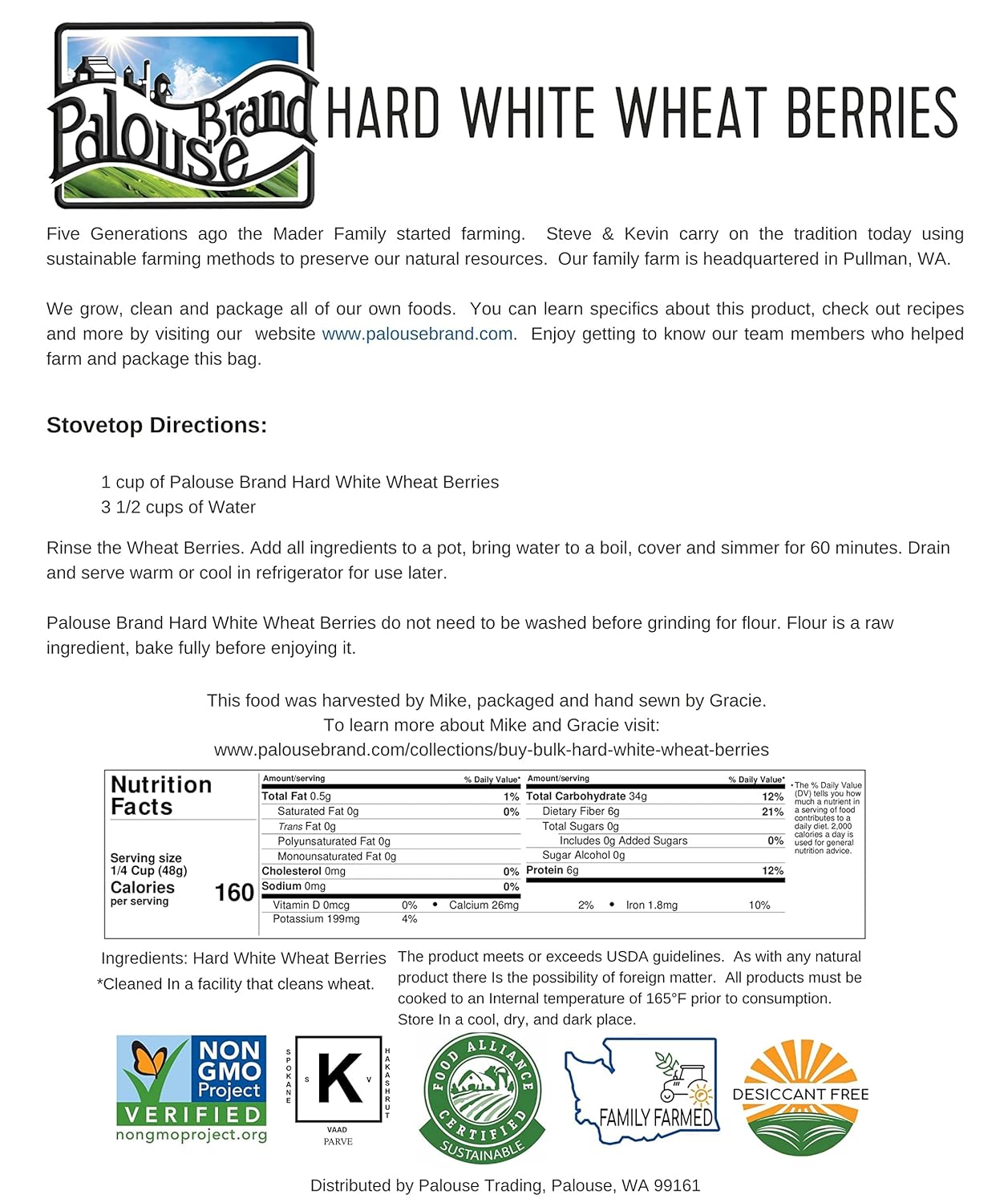 3-4 LB Kraft Bags (12 LBS total) Hard White Wheat Berries D553070
