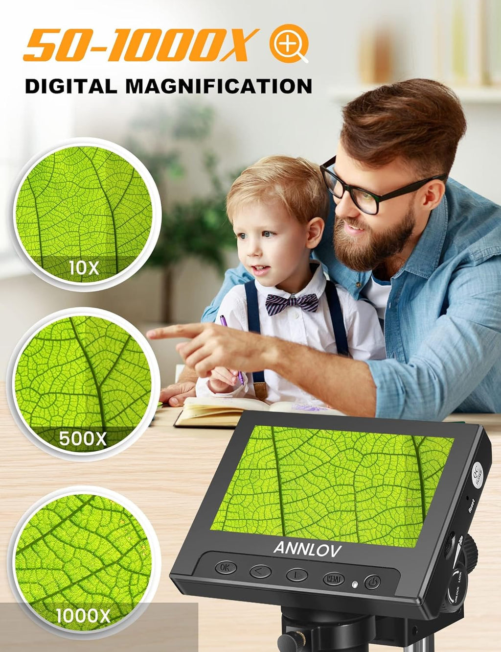 4.3" LCD Digital Microscope, 50X-1000X Magnification, 8 Adjustable LED Lights, 32GB TF Card Included E280