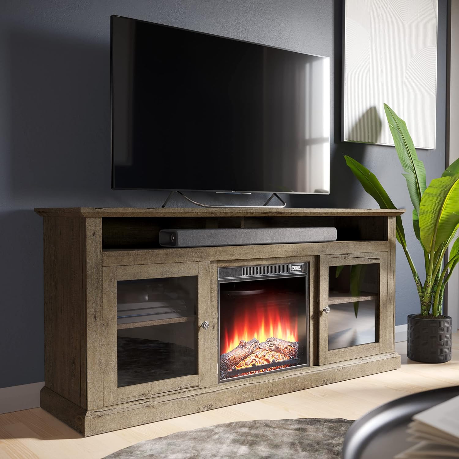 Gray Wash Electric Fireplace TV Stand with Open Storage Shelves & Cabinets H67177