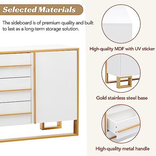 White and Gold Buffet Table with 3 Drawers 2 Doors B10814