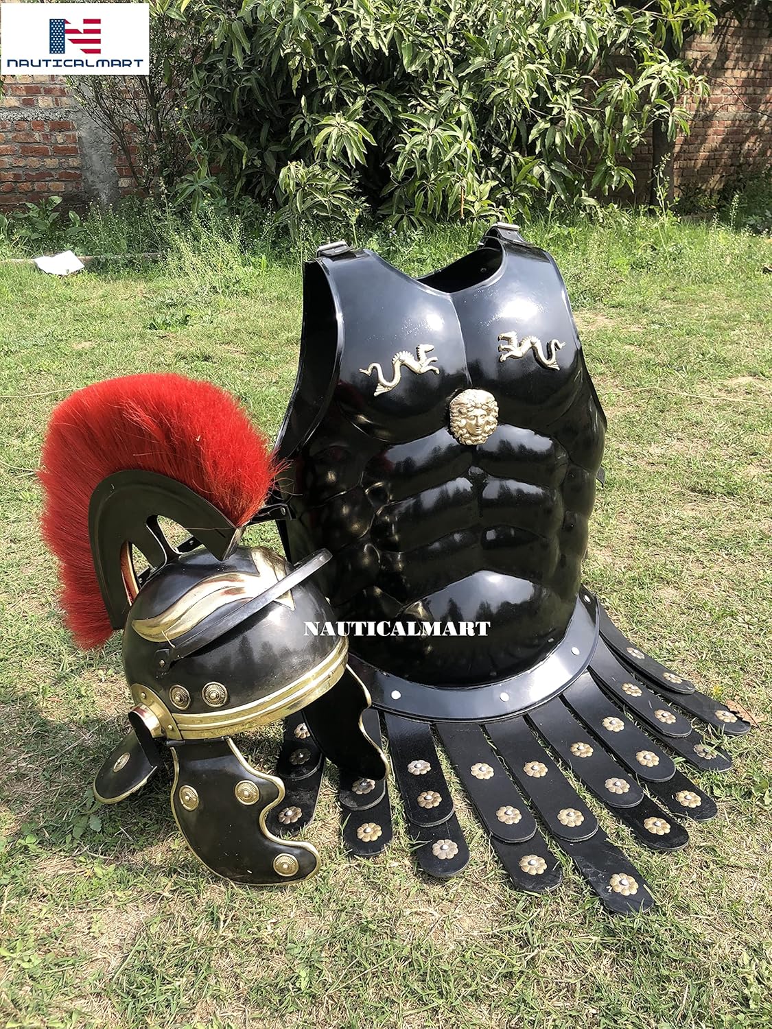 Black Medieval Muscle Body Armor Set with Helmet, Leg & Arm Guard, Shield S7145