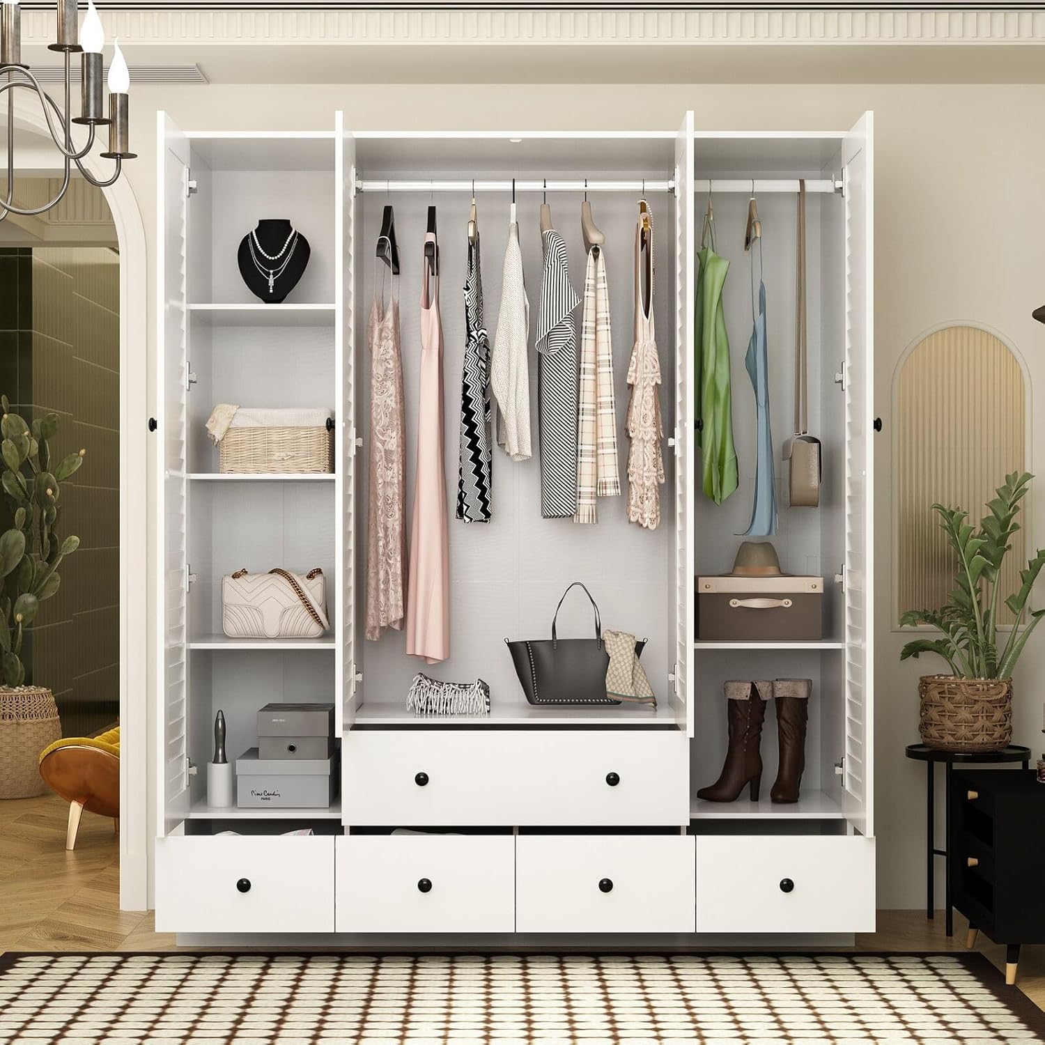Rustic White Slat Door Wardrobe with 5 Drawers and 4 Doors G809