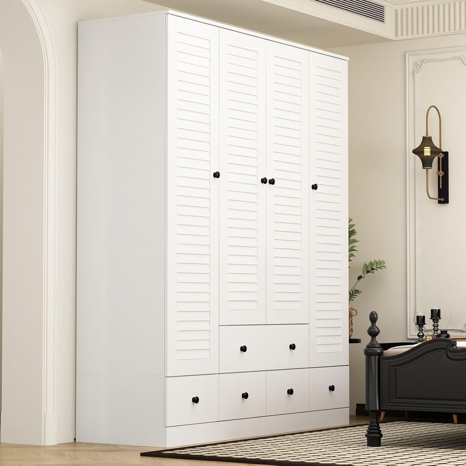 Rustic White Slat Door Wardrobe with 5 Drawers and 4 Doors G809