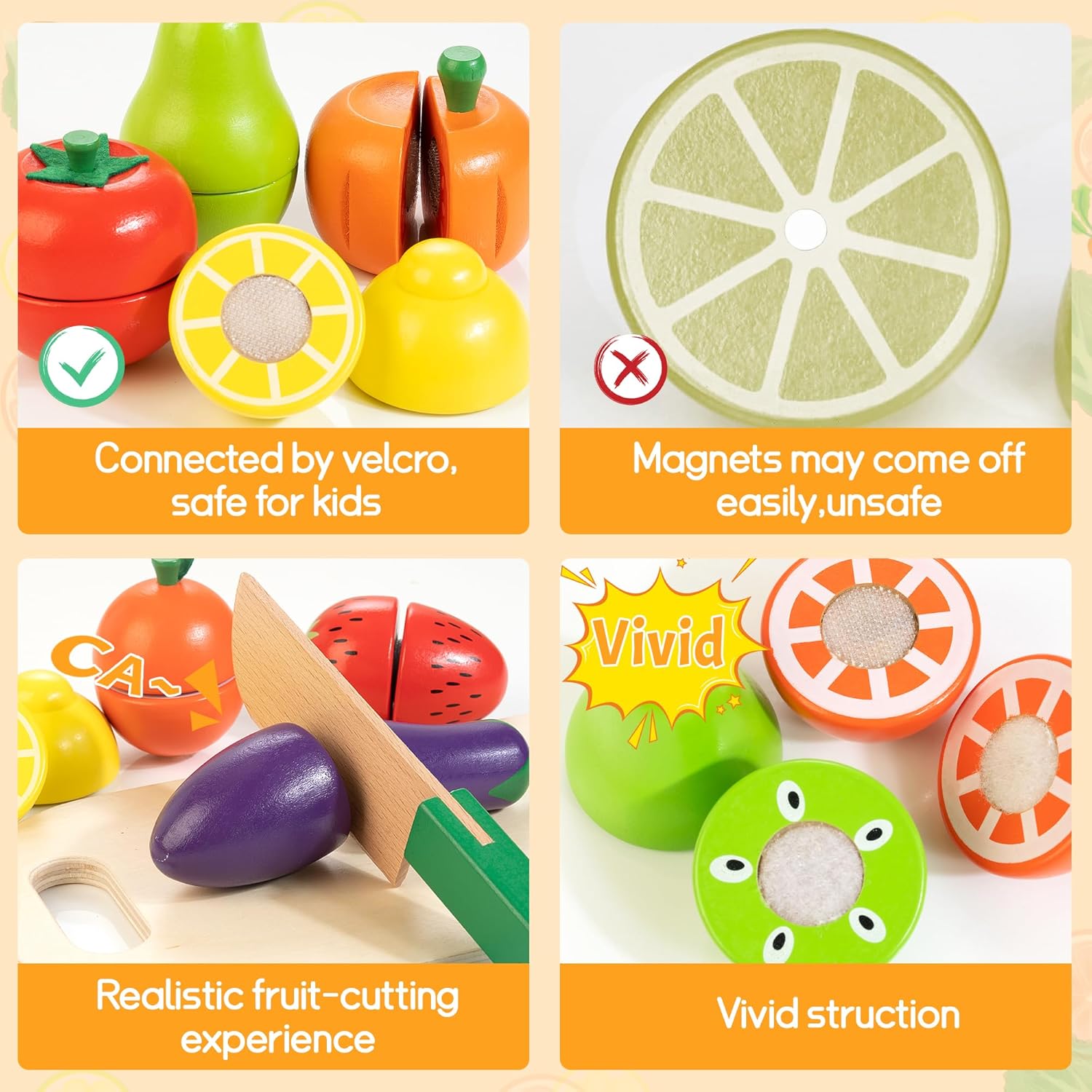 Velcro Fruit and Veggies Cutting Set Wooden Play Food S328