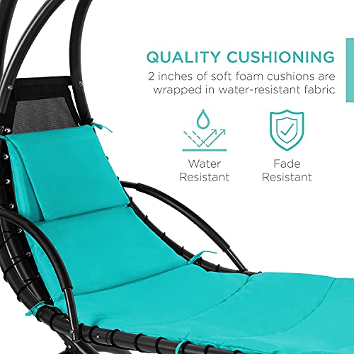 Teal Curved Steel Chaise Lounge Chair Swing with Built-in Pillow and Removable Canopy O470307