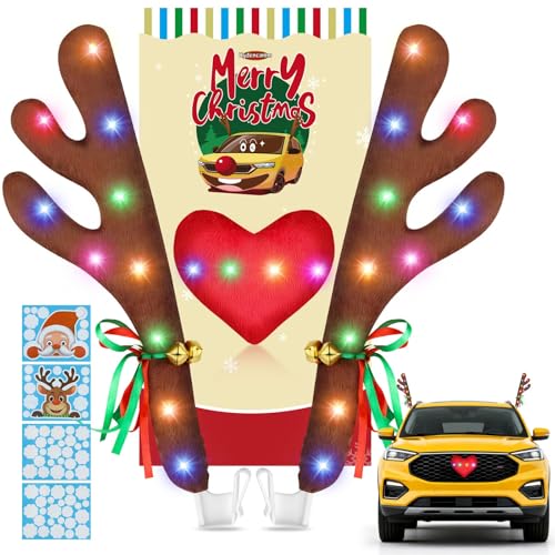 Car Decoration with LED Lights, Car Antlers, Window Sticker, Jingle Bells, Rudolph Nose - Car Reindeer Auto Holiday Accessories Decoration Kit Z459298