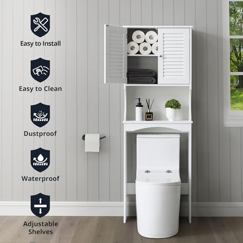 White 3-Tier Over The Toilet Storage Cabinet with Double Doors, 23 x 67 inches G80433