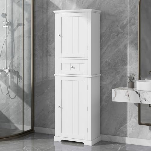 White Tall Bathroom Storage Cabinet with Drawer and Adjustable Shelf A9427