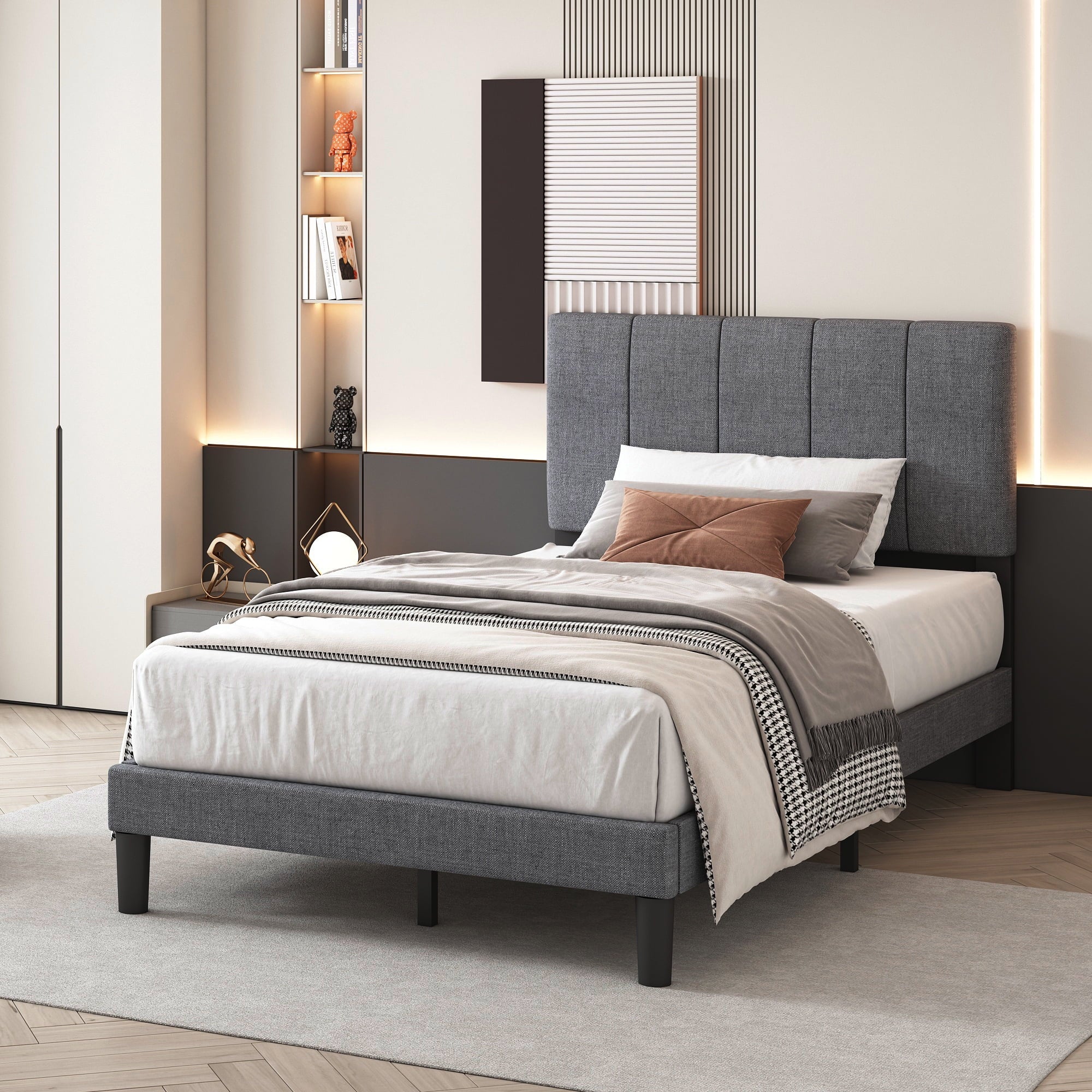 Grey Twin Size Fabric Upholstered Platform Bed Frame W1219