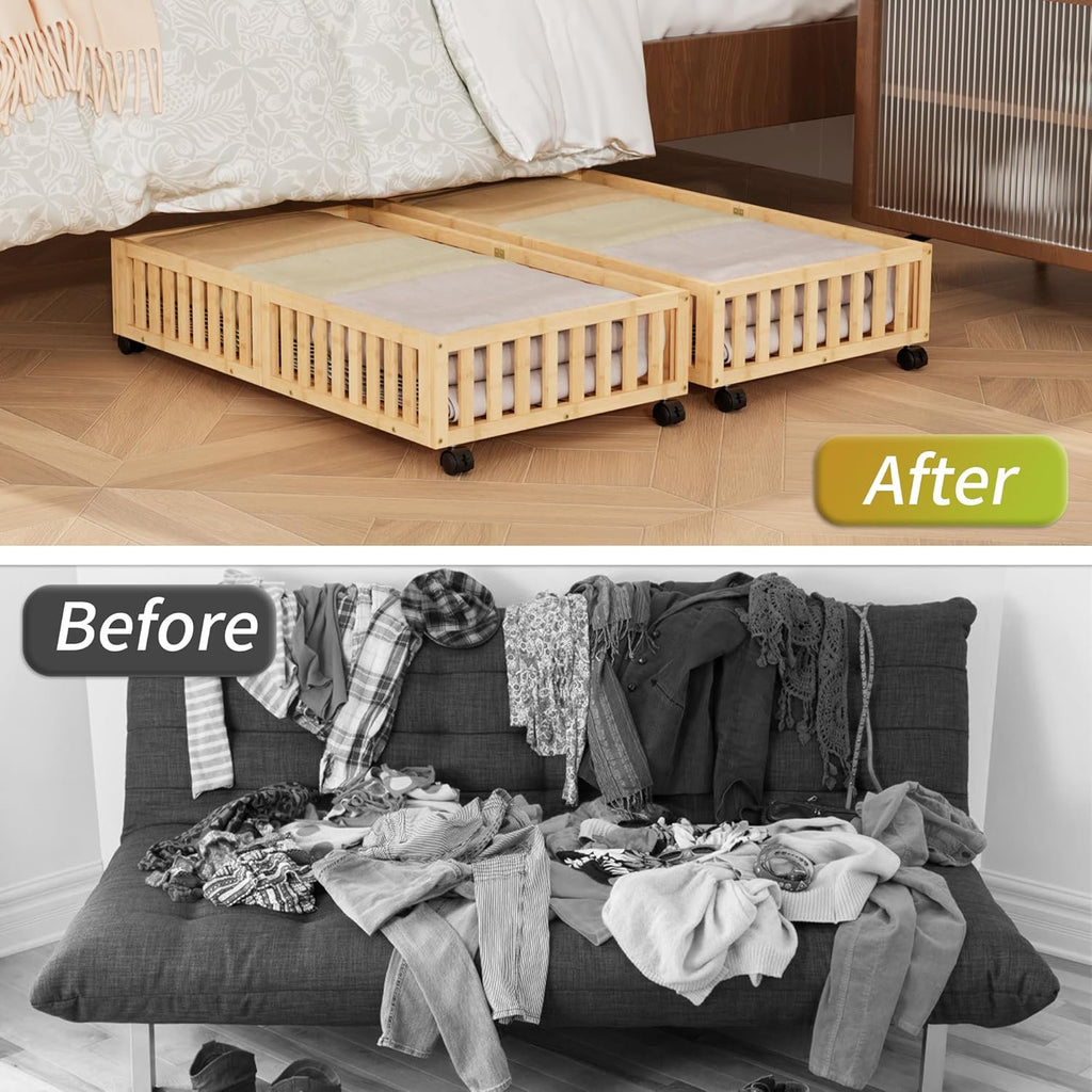 Bamboo Under Bed Storage with Wheels (2-Pack) Rolling Shoe Organizer Box S3944